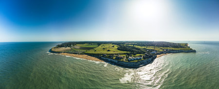 Drone aerial view of the beach and white cliffs, Margate, England, UKの写真素材