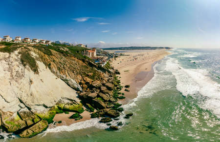 Aerial panoramic view of Foz do Arelho beach during summer, Portugalの写真素材