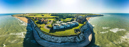 Drone aerial view of the beach and white cliffs, Margate, England, UKの写真素材