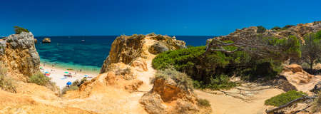 Aerial panoramic view of amazing Praia dos Paradinha beach, Albufeira, Algarve, Portugalの写真素材