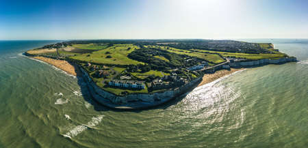 Drone aerial view of the beach and white cliffs, Margate, England, UKの写真素材
