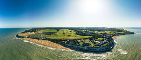 Drone aerial view of the beach and white cliffs, Margate, England, UKの写真素材
