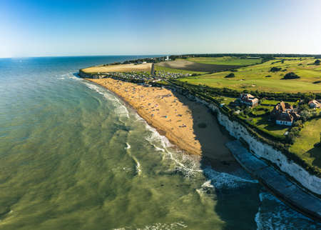 Drone aerial view of the beach and white cliffs, Margate, England, UKの写真素材