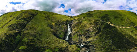 Aerial view of The Grey Mare's Tail, a waterfall near Moffat, Scotlandの写真素材