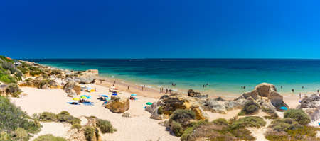 Panoramic aerial view of Praia Da Gale, Gale beach, near Albufeira and Armacao De Pera, Algarve, Portugalの写真素材