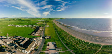 Aerial drone view of Allonby village beach in Allerdale district in Cumbria, UKの写真素材