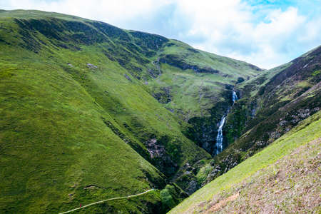 Aerial view of The Grey Mare's Tail, a waterfall near Moffat, Scotlandの写真素材