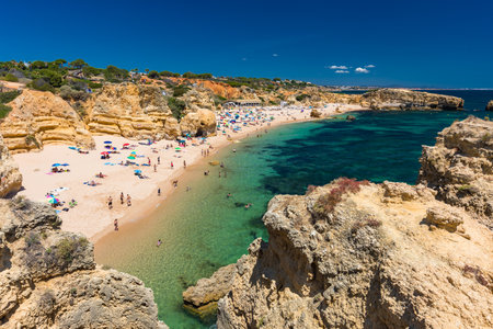Aerial panoramic view of amazing Praia dos Paradinha beach, Albufeira, Algarve, Portugalの写真素材