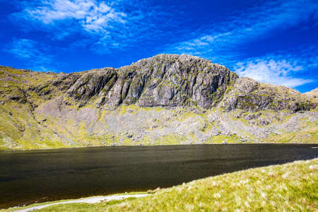 Aerial view of Stickle Tarn lake, the Lake District, Great Langdale valley, Cumbriaの写真素材