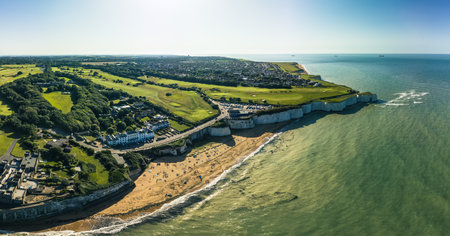Drone aerial view of the beach and white cliffs, Margate, England, UKの写真素材