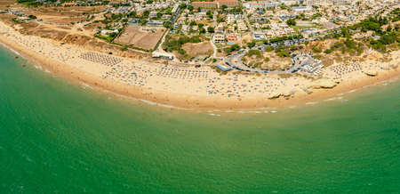 Panoramic aerial view of Praia Da Gale, Gale beach, near Albufeira and Armacao De Pera, Algarve, Portugalの写真素材