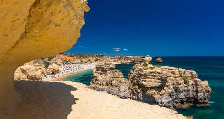 Aerial panoramic view of amazing Praia dos Paradinha beach, Albufeira, Algarve, Portugalの写真素材