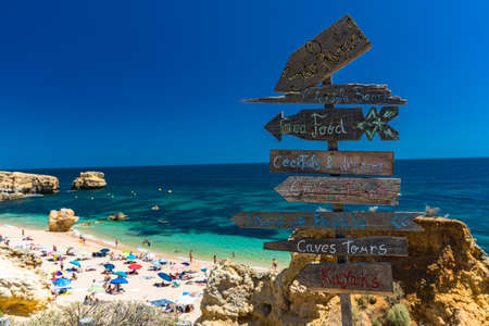 Aerial panoramic view of amazing Praia dos Paradinha beach, Albufeira, Algarve, Portugalの写真素材