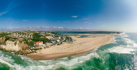 Aerial panoramic view of Foz do Arelho beach during summer, Portugalの写真素材