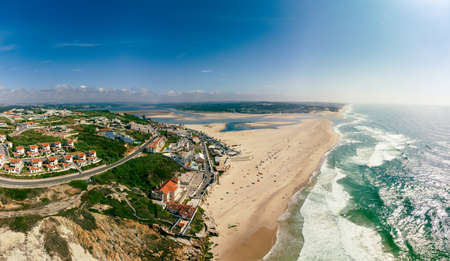 Aerial panoramic view of Foz do Arelho beach during summer, Portugalの写真素材