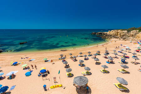Panoramic aerial drone view of popular Praia do Castelo beach, Albufeira, Algarve, Portugalの写真素材