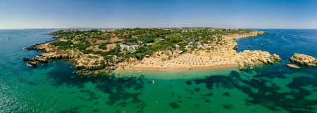 Panoramic aerial drone view of popular Praia do Castelo beach, Albufeira, Algarve, Portugalの写真素材
