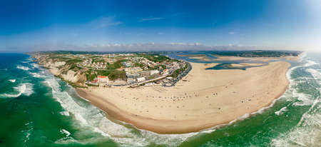 Aerial panoramic view of Foz do Arelho beach during summer, Portugalの写真素材