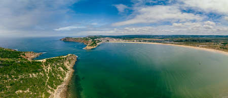 Aerial view over the village and bay of SÃ£o Martinho do Porto, west Portugalの写真素材