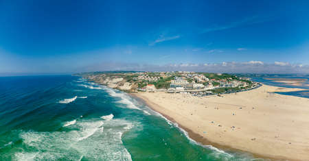 Aerial panoramic view of Foz do Arelho beach during summer, Portugalの写真素材