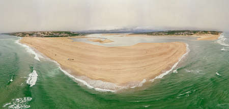 Aerial panoramic view of Foz do Arelho beach during summer, Portugalの写真素材