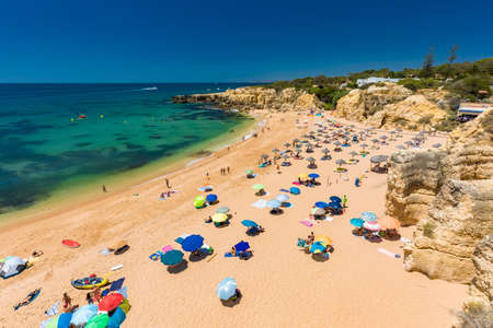 Panoramic aerial drone view of popular Praia do Castelo beach, Albufeira, Algarve, Portugalの写真素材