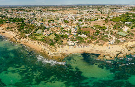 Panoramic aerial view of Praia Da Gale, Gale beach, near Albufeira and Armacao De Pera, Algarve, Portugalの写真素材