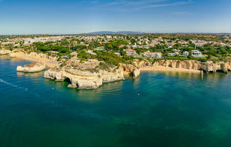 Aerial drone panoramic views of Praia Nova and Praia de Nossa beach, Algarve, Portugalの写真素材