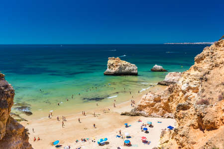 Aerial and panoramic view of Praia dos Tres Irmaos beach, Alvor, Algarve, Portugalのeditorial素材