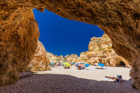 Aerial and panoramic view of Praia dos Tres Irmaos beach, Alvor, Algarve, Portugalのeditorial素材