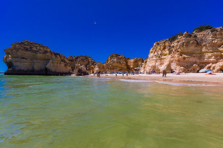 Aerial and panoramic view of Praia dos Tres Irmaos beach, Alvor, Algarve, Portugalのeditorial素材
