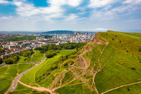 Cityscape of Edinburgh from Arthur's Seat in a beautiful summer day, Scotland, United Kingdomの写真素材