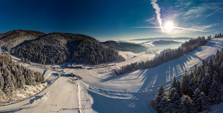 Panoramic aerial winter view of the ski center Vysne Ruzbachy, Slovakiaの写真素材
