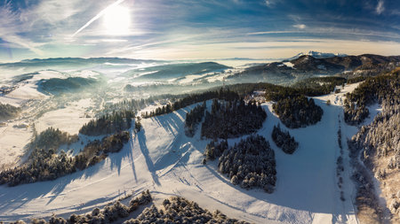 Panoramic aerial winter view of the ski center Vysne Ruzbachy, Slovakiaの写真素材