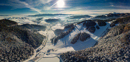 Panoramic aerial winter view of the ski center Vysne Ruzbachy, Slovakiaの写真素材