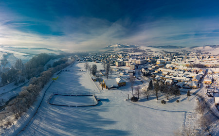 Aerial panorama of the of Podolinec town in winter, Slovakia, near High Tatrasの写真素材
