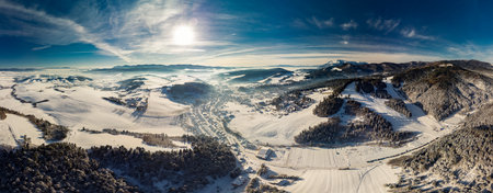 Panoramic aerial winter view of the ski center Vysne Ruzbachy, Slovakiaの写真素材