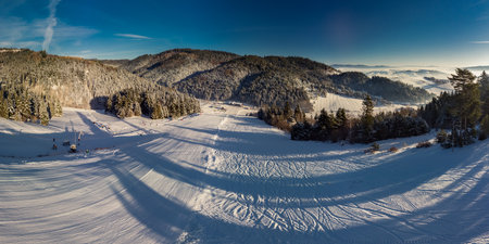 Panoramic aerial winter view of the ski center Vysne Ruzbachy, Slovakiaの写真素材