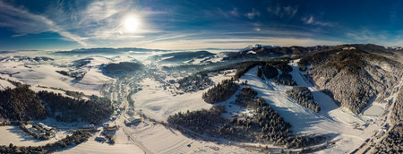 Panoramic aerial winter view of the ski center Vysne Ruzbachy, Slovakiaの写真素材