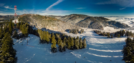 Panoramic aerial winter view of the ski center Vysne Ruzbachy, Slovakiaの写真素材