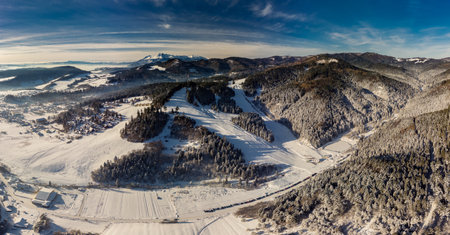 Panoramic aerial winter view of the ski center Vysne Ruzbachy, Slovakiaの写真素材