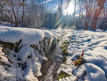 Travertine lake with hot water close to the spa Vysne Ruzbachy, Slovakia, during winterの写真素材