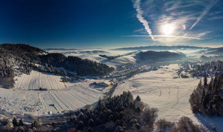 Panoramic aerial winter view of the ski center Vysne Ruzbachy, Slovakiaの写真素材