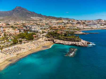 White sandy El Duque beach and coastline in Tenerife. Adeje coast Canary island, Spainの写真素材