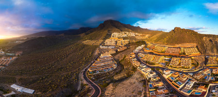 Aerial drone view with Las Americas beach at Costa Adeje, Tenerife, Canaryの写真素材