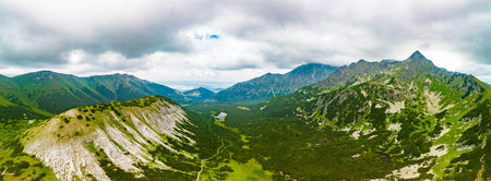 Aerial drone panoramic view of the educational trail Zadne Medodoly, High Tatras, Slovakia.