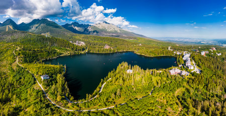 Aerial view of a wonderful mountain lake in National Park High Tatra, Strbske Pleso, Slovakiaの写真素材