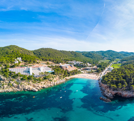 beach of Port Sant Miquel on the north shore of Ibiza island in Spainの写真素材