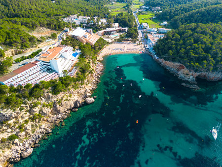 beach of Port Sant Miquel on the north shore of Ibiza island in Spainの写真素材
