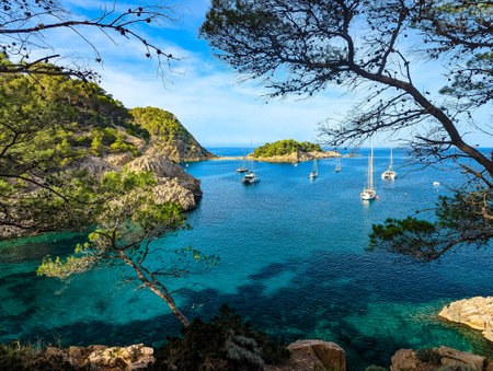 beach of Port Sant Miquel on the north shore of Ibiza island in Spainの写真素材